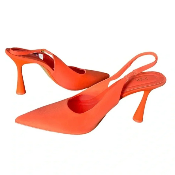 ZARA | Neon Orange Sling Back Pointy Toe Heels Size 9.5 (EU 40) - Picture 6 of 7